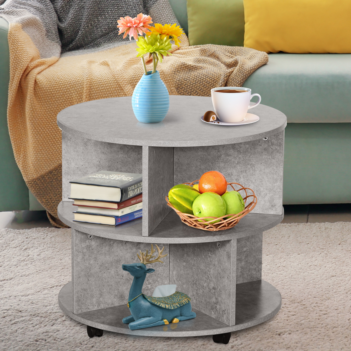 Concrete Finish Round Coffee Table 60x39.5cm Two Tier With Sector Shelves For Living Room - HOMCOM - Home Symphony