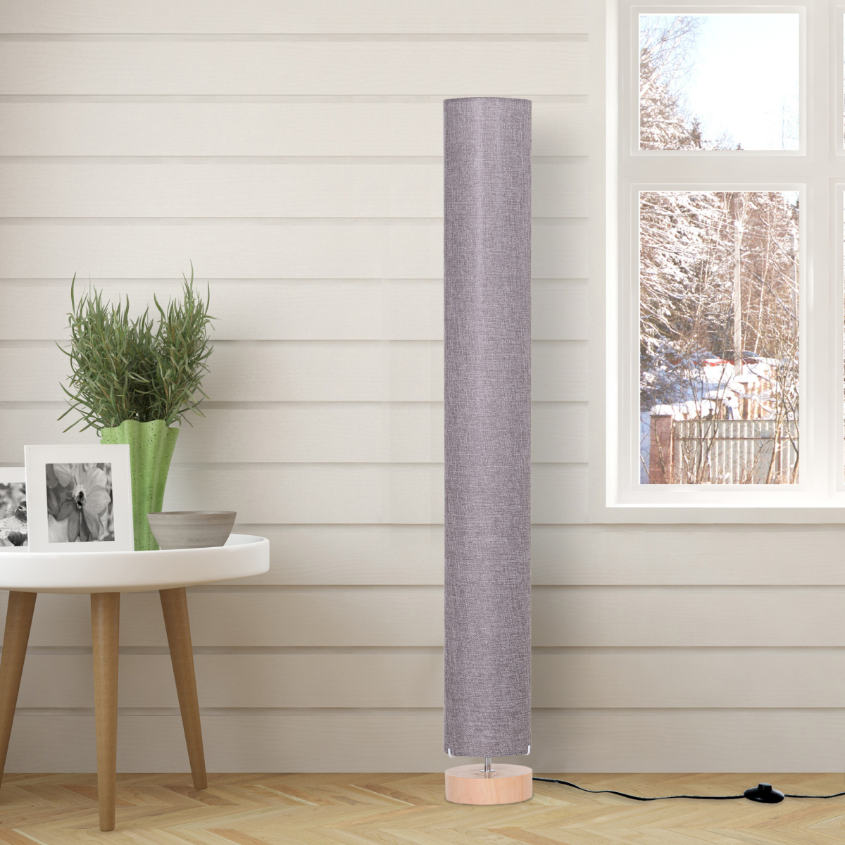 Stylish 120H cm Wooden Base Floor Lamp W/Linen Fabric-Grey blends with decor, providing warm, soft light for any space.