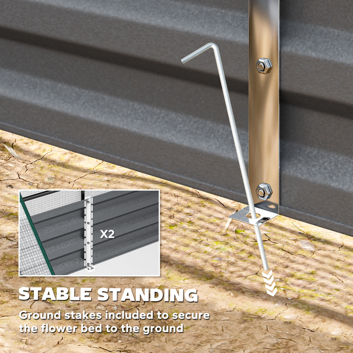 Outsunny Garden Bed Planter Box with Greenhouse on a galvanised frame, buried 10cm edge, stabilised by ground stakes.