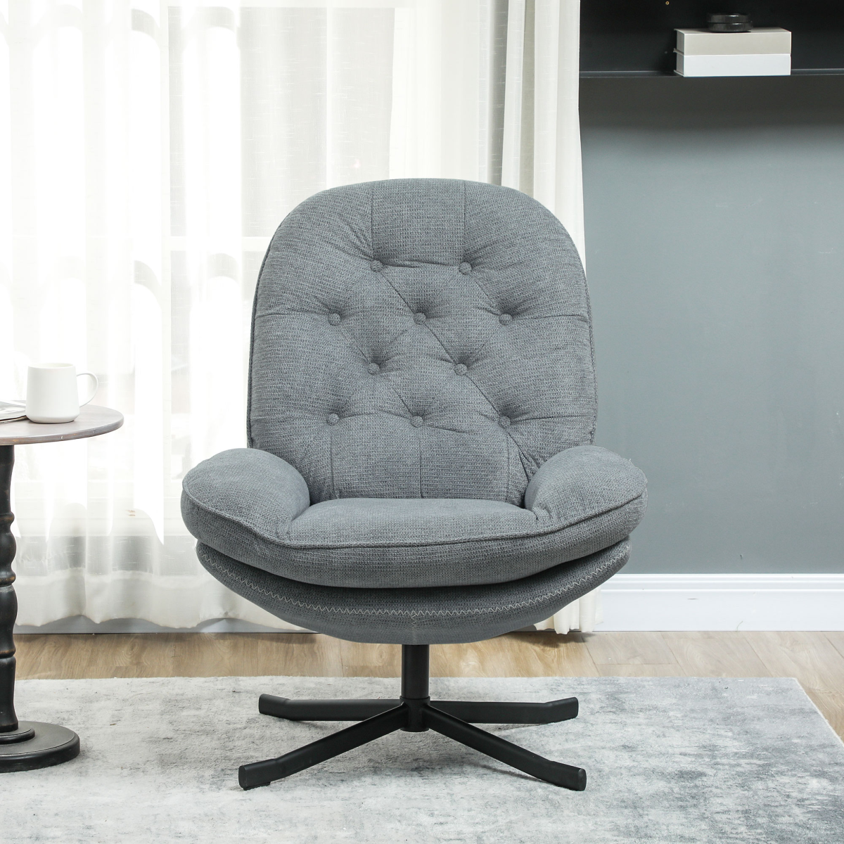 Homcom Accent Chair Medium WaterRepellent Chenille Home: tufted grey chenille swivel chair with 360-degree rotation.