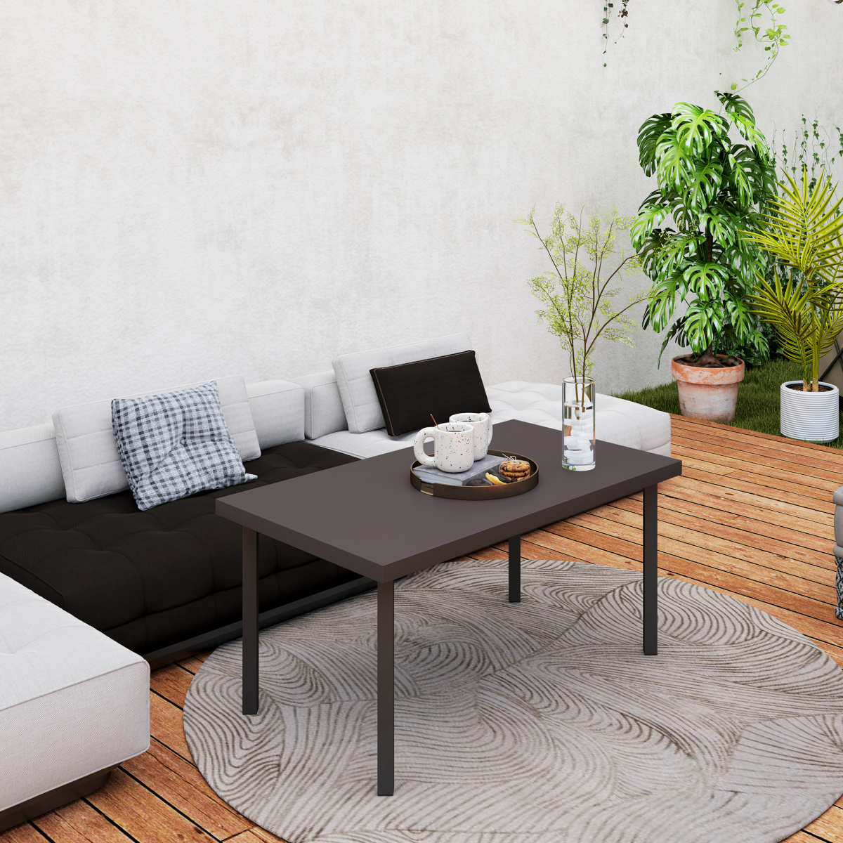 Outsunny Metal Garden Coffee Table 95x55 cm Tabletop Woodgrain Finish for Outdoor Patio - Outsunny - Home Symphony