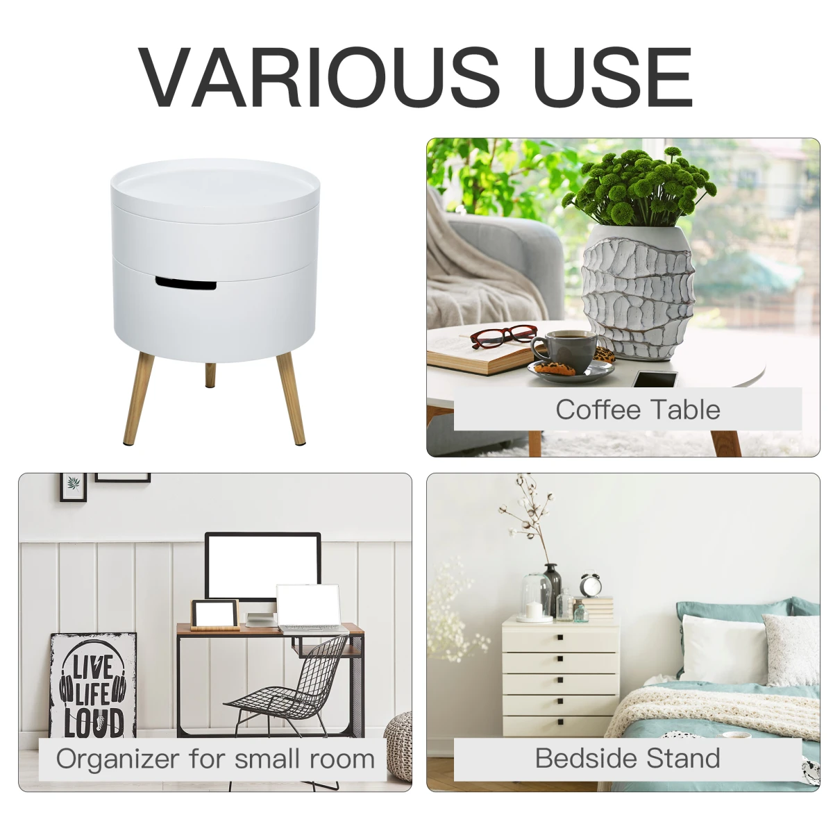 Premium White Circular Side Table Dia 16In Height 20In Removable Top Tray Dual Storage Nightstand And Coffee Table by HOMCOM