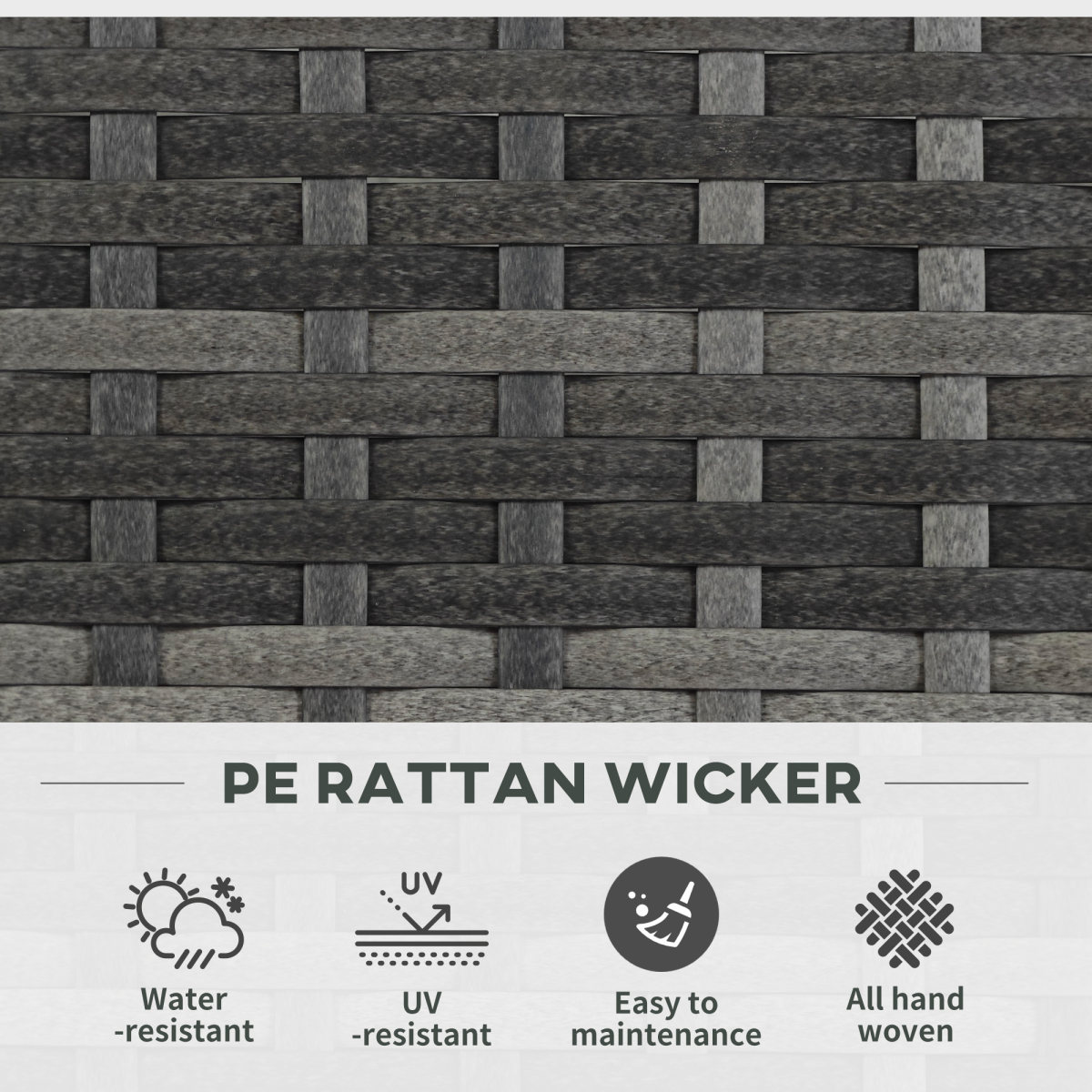 PE rattan wicker pattern background with a banner reading PE RATTAN WICKER and maintenance icons.