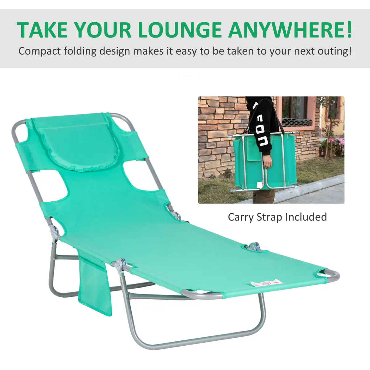 Outsunny Reclining Lounge Chair Face Cavity with Pillow Green - Sun Lounger