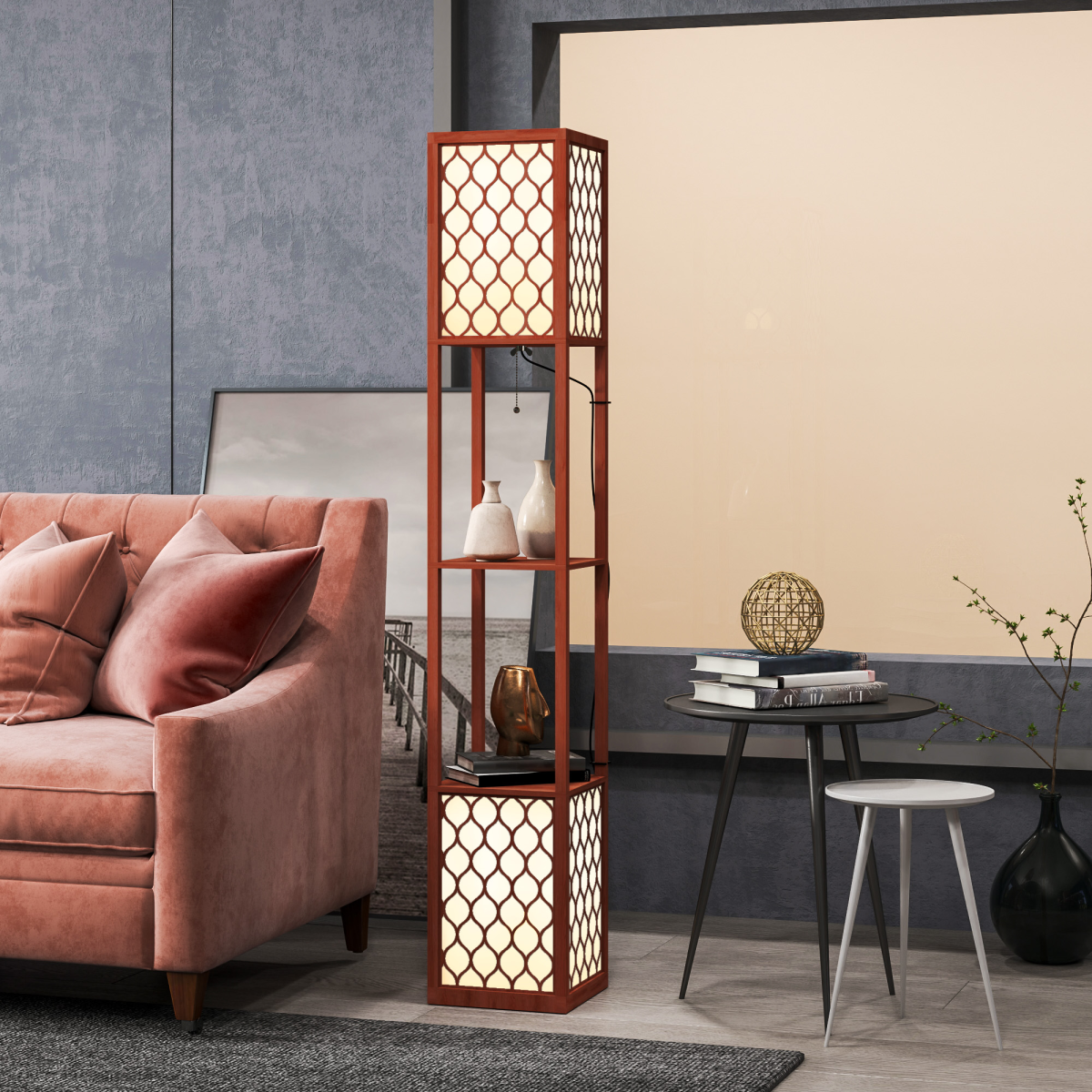 HOMCOM 2-Light Modern Floor Lamp with Shelves for Living Room, Bedroom, Brown adds elegance and functionality to any space.