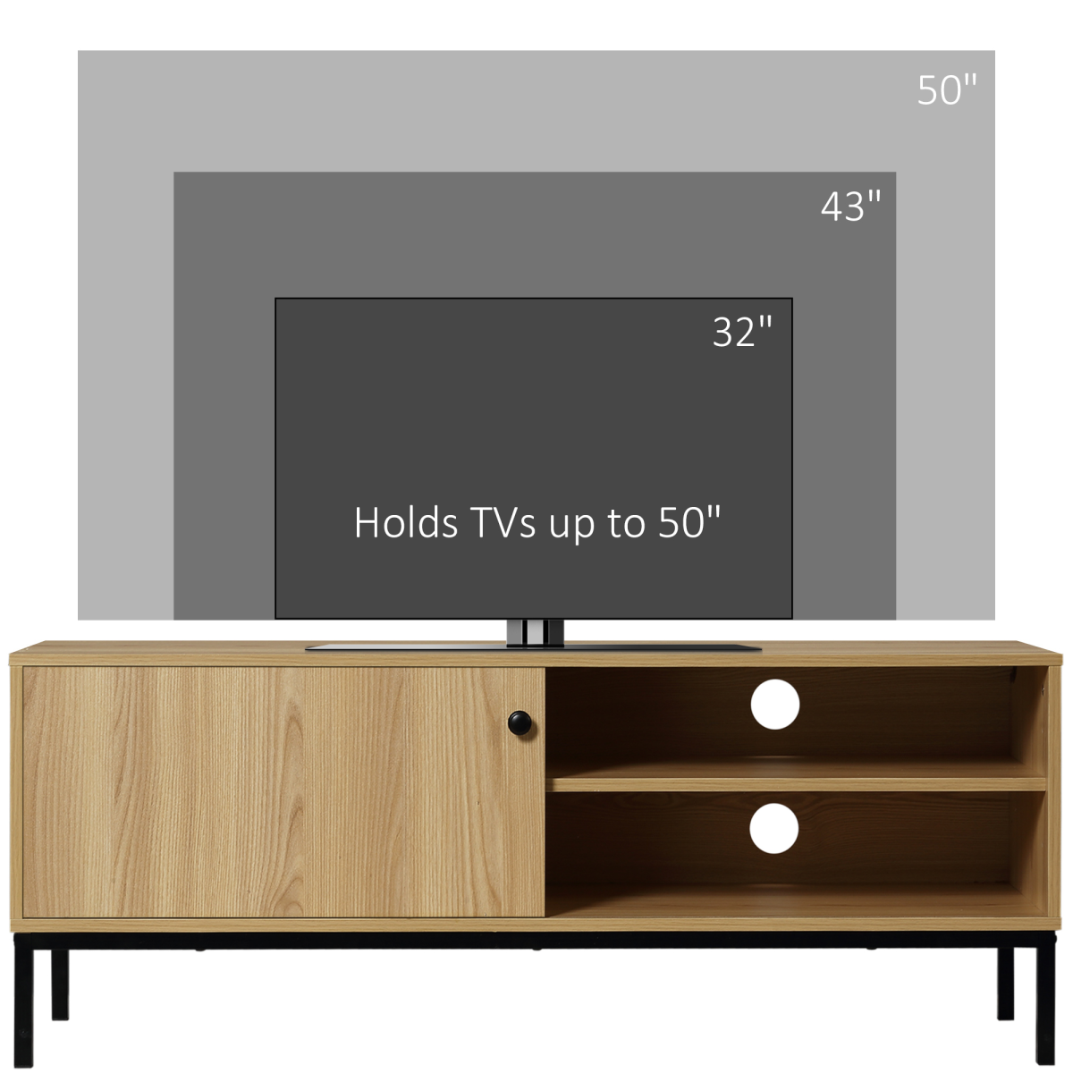 HOMCOM 50-inch TV stand with sliding-door cabinet and two open shelves on a wood-finish base.