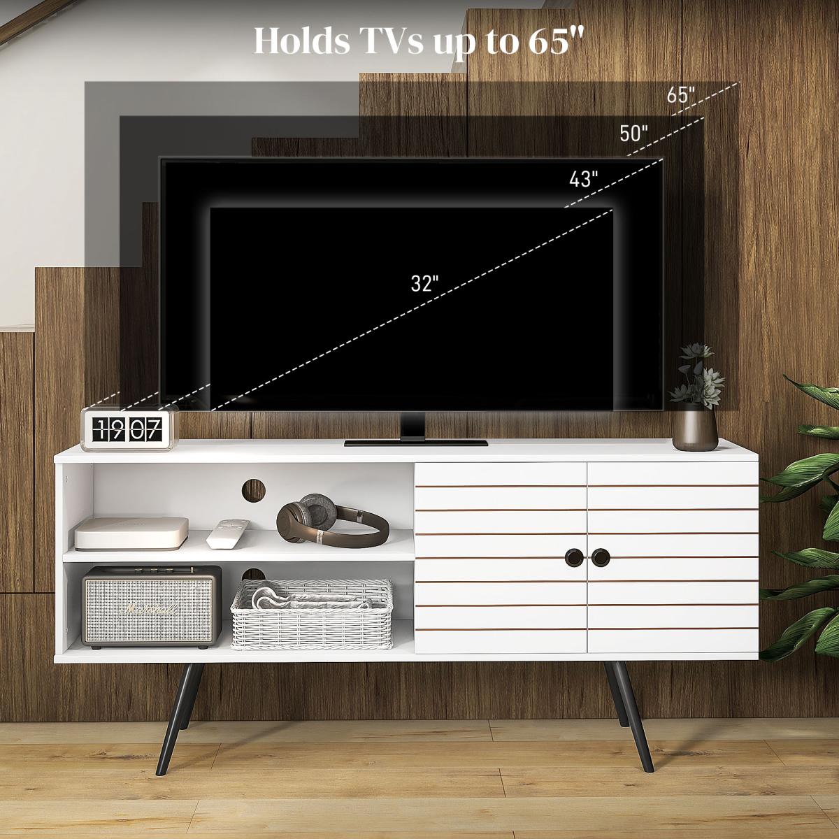 HOMCOM 65-inch white TV unit with doors and shelves for living room, mid-century style