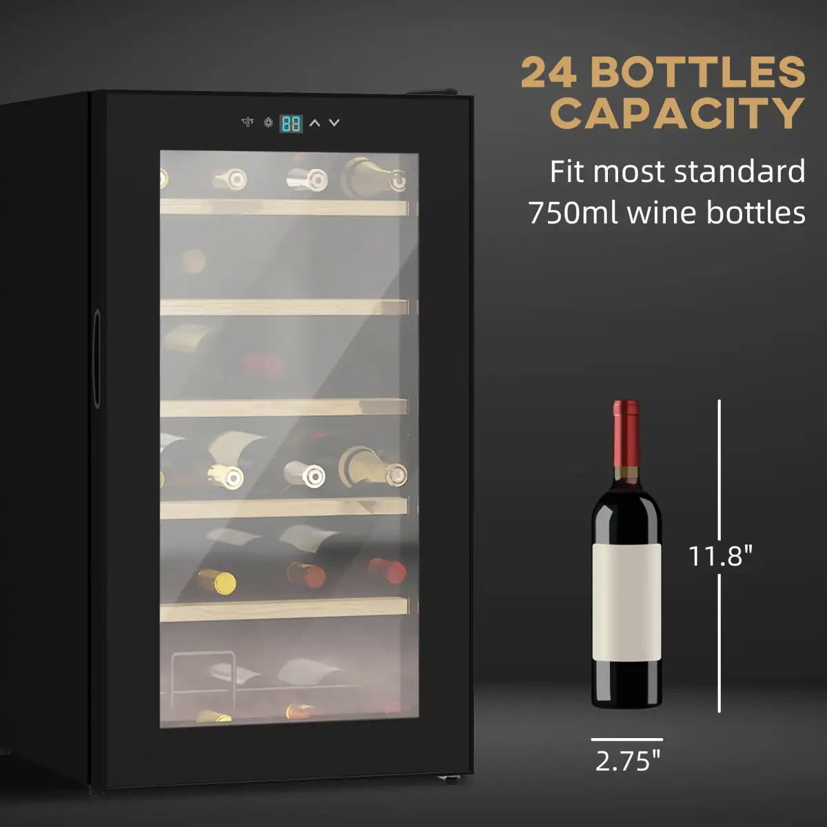 HOMCOM 24 Bottles Wine Fridge with Glass Door Digital Touch Screen Control LED Light - Wine Rack