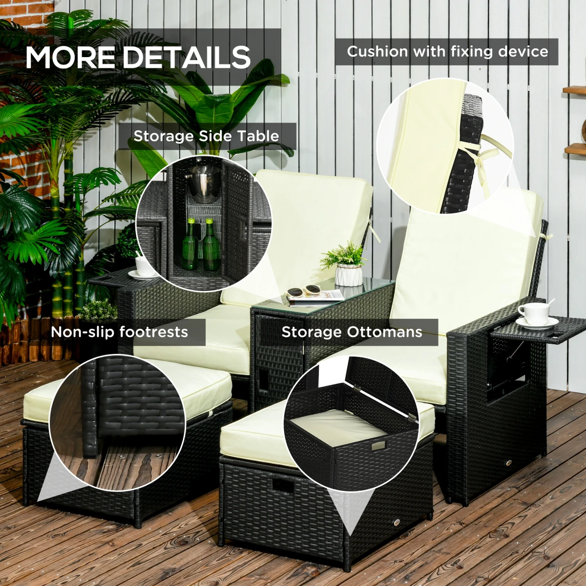 Outsunny Pro Rattan Lounger Set 5Level Adjustable Patio - Sun Lounger