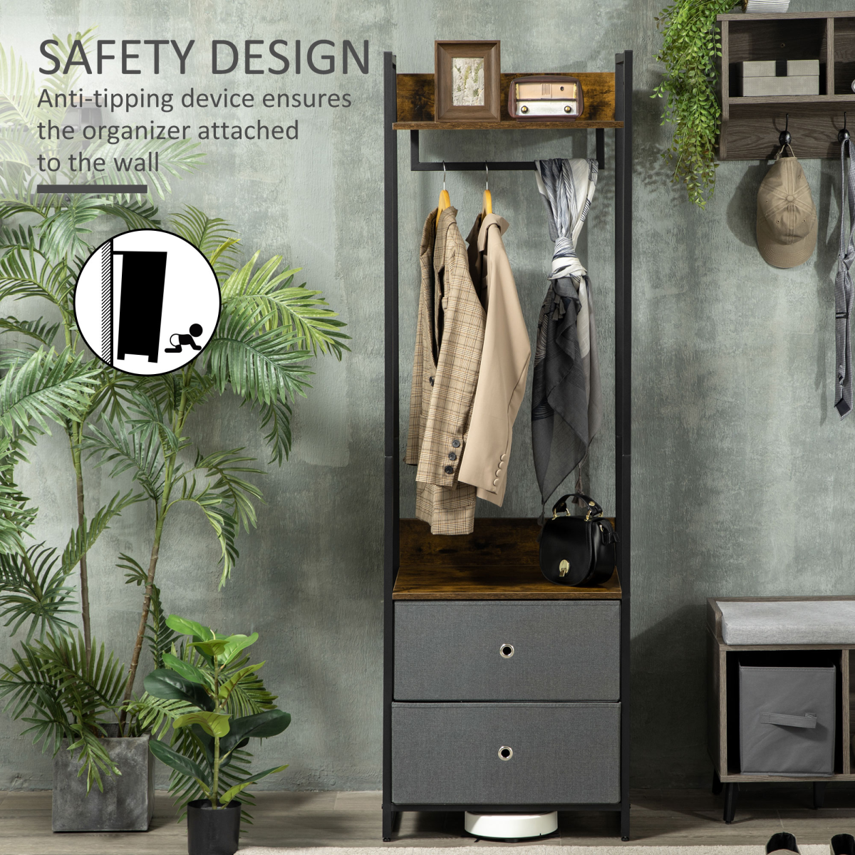 Rustic Industrial Clothes Rack Garment with 2 Fabric Drawers - Unbranded - Home Symphony