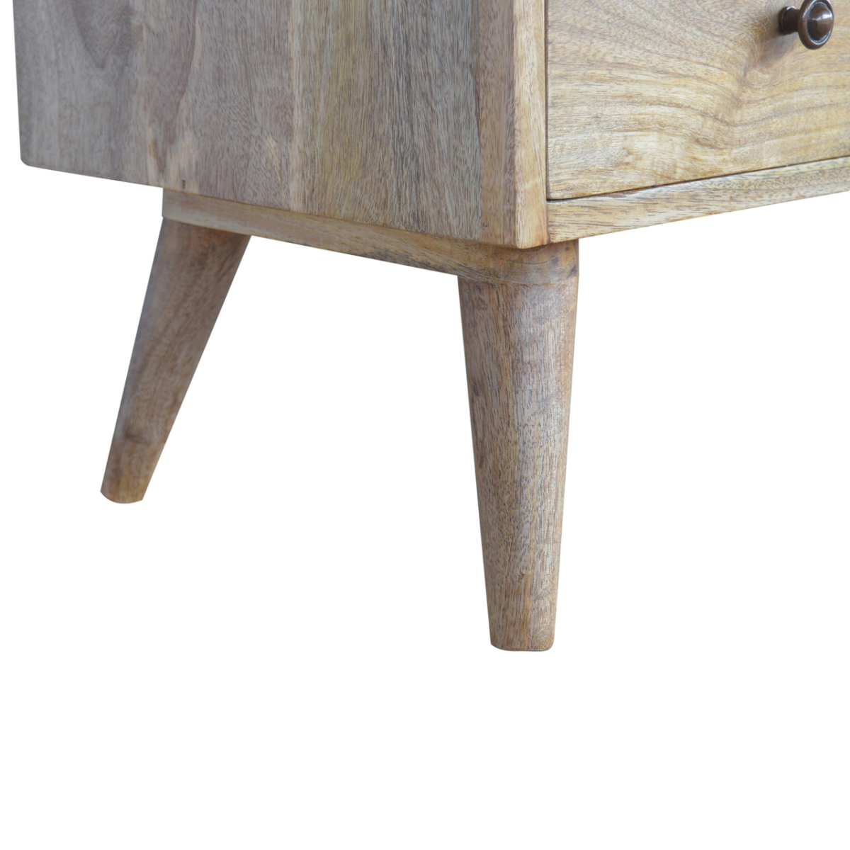 Leg detail of Artisan Solid Wood Nordic TV Console in natural finish, with tapered legs.