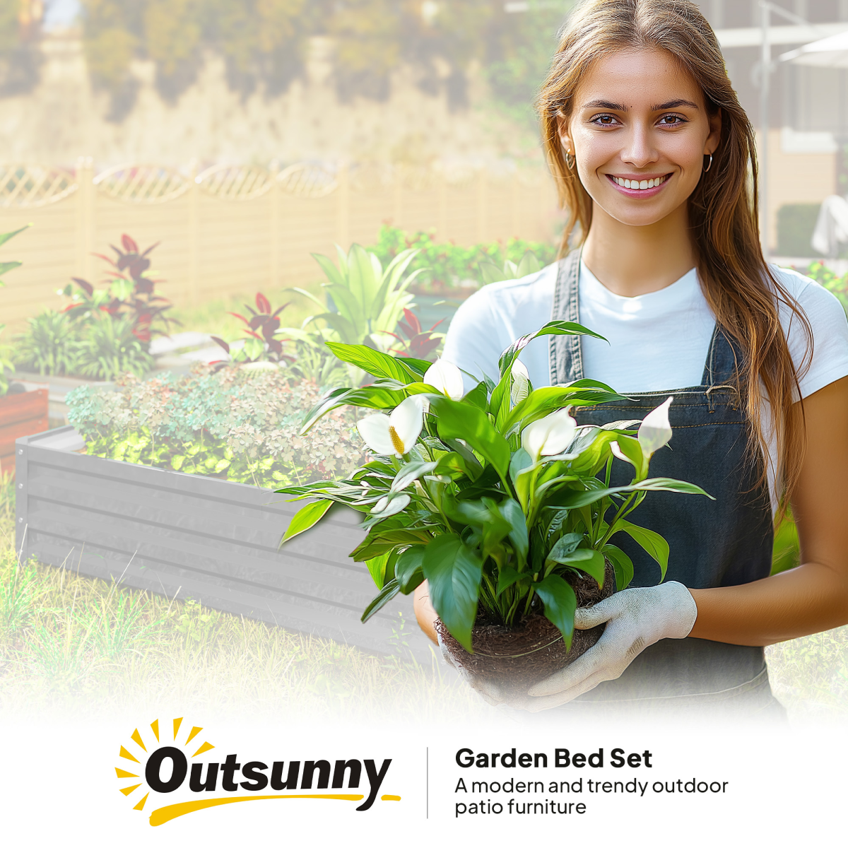 Smiling woman holds a plant beside the Outsunny Raised Garden Bed 30cm galvanised steel outdoor.