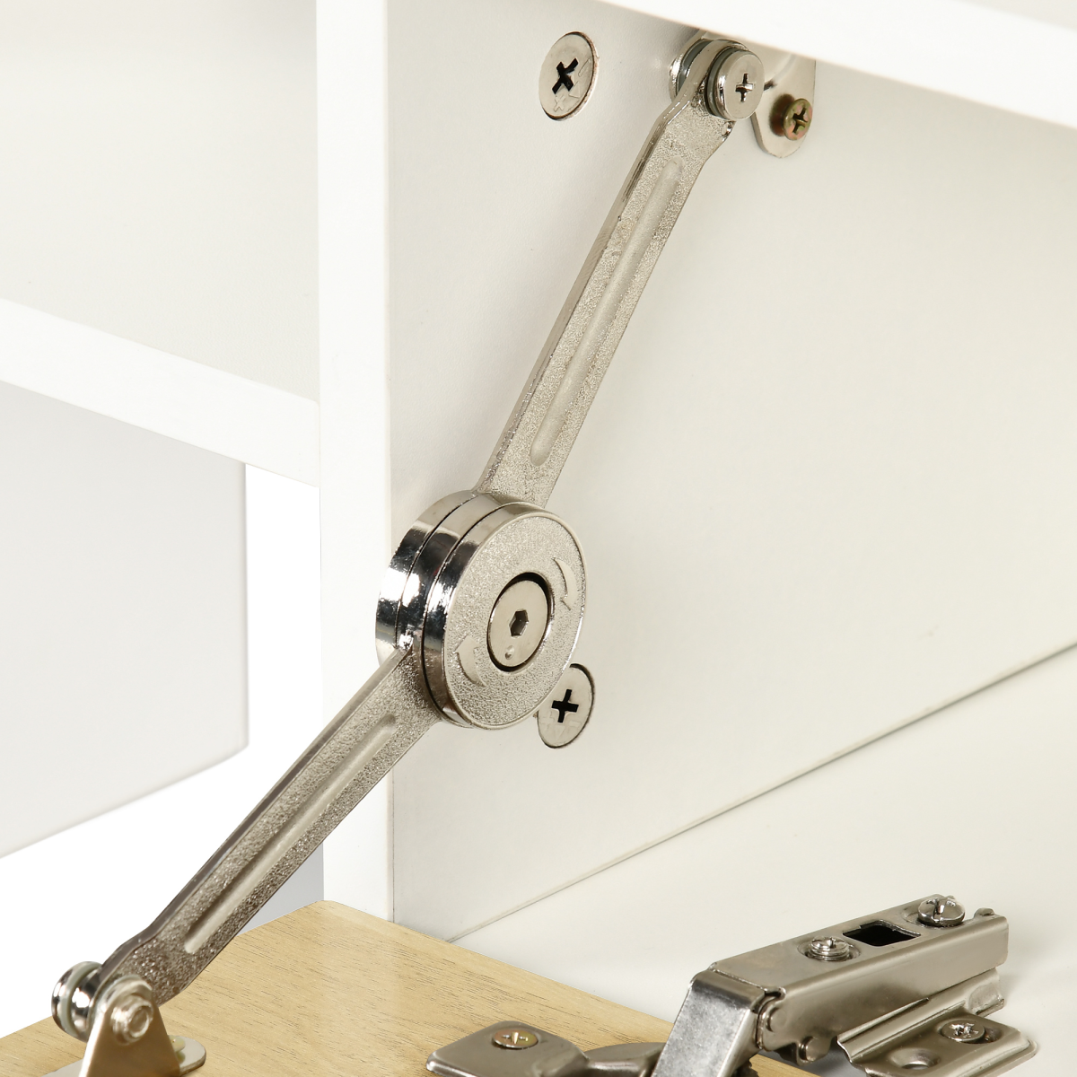 HOMCOM white TV cabinet with floating shelf; close-up of metal support arm and mounting hardware.