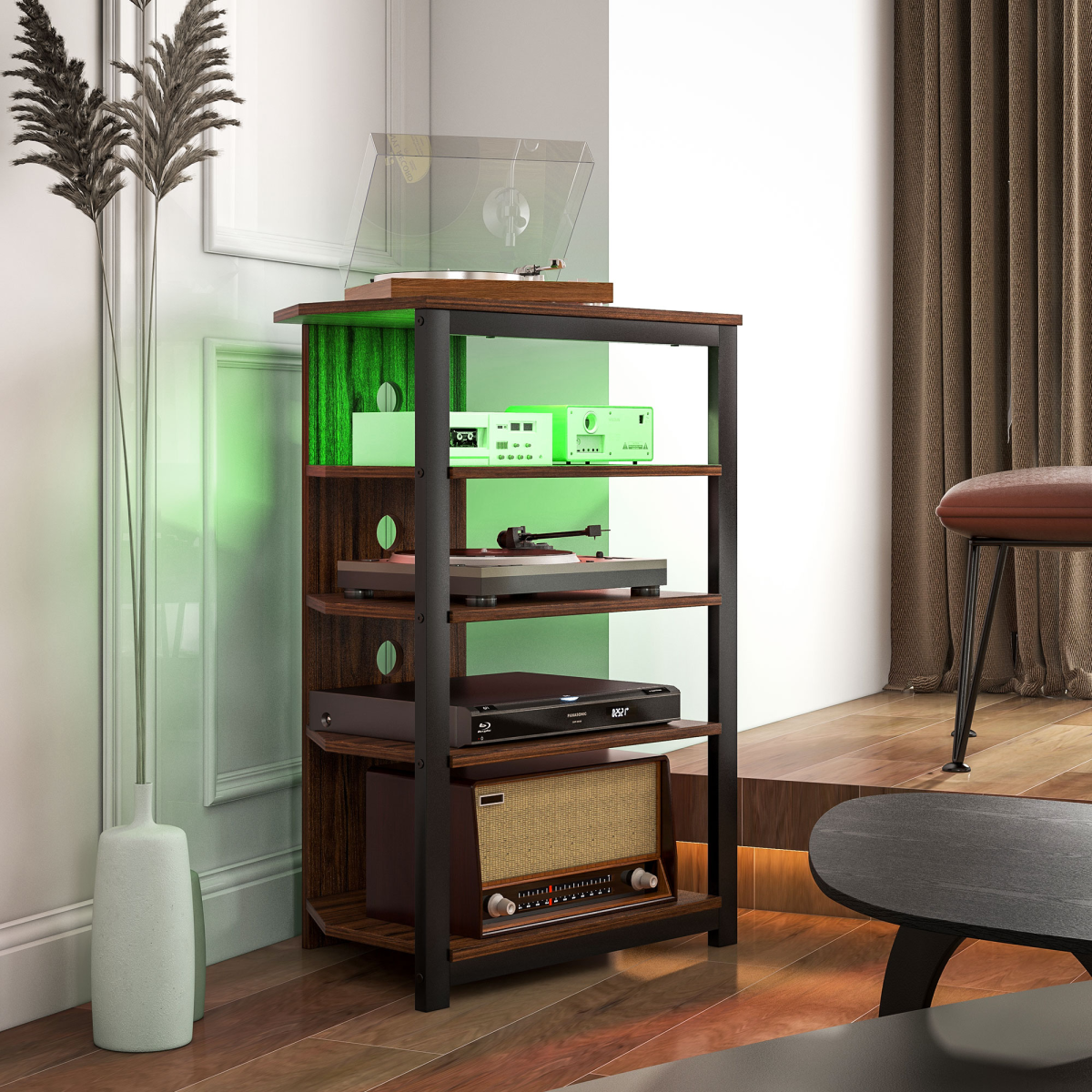 HOMCOM 4-tier TV stand with RGB LED lighting; space-saving corner unit with four open shelves for AV gear.