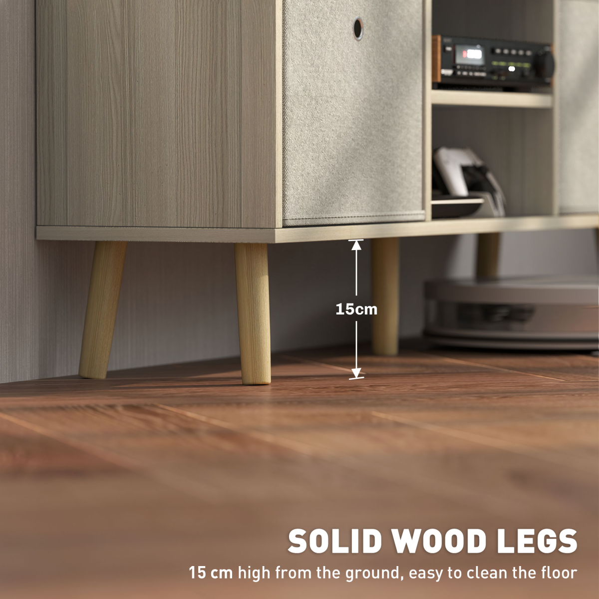 HOMCOM Modern TV Cabinet with shelves and two removable fabric drawers on 15 cm solid wood legs.