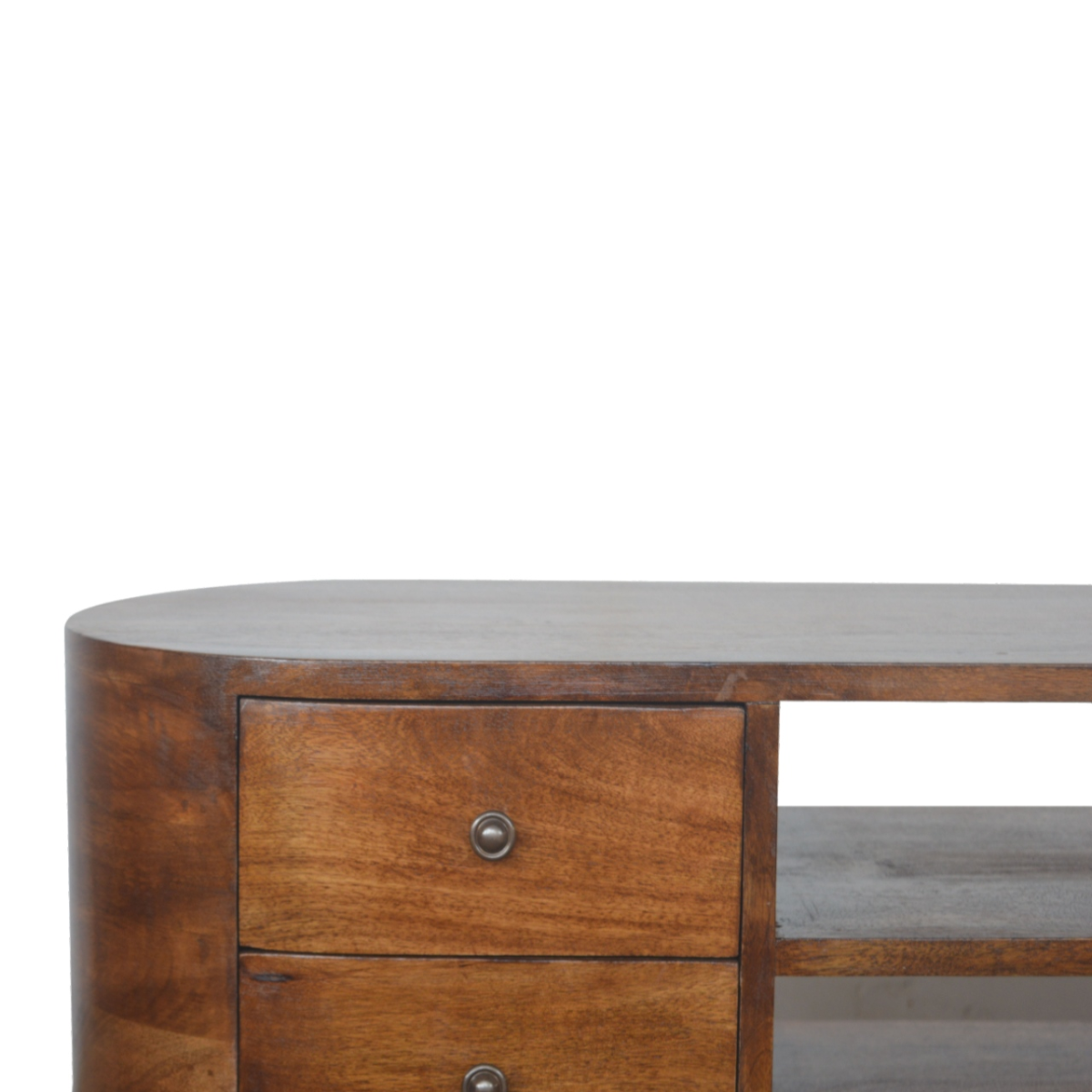 Artisan Entertainment Unit in 100% solid chestnut mango wood with rounded edges, two drawers and open shelf.