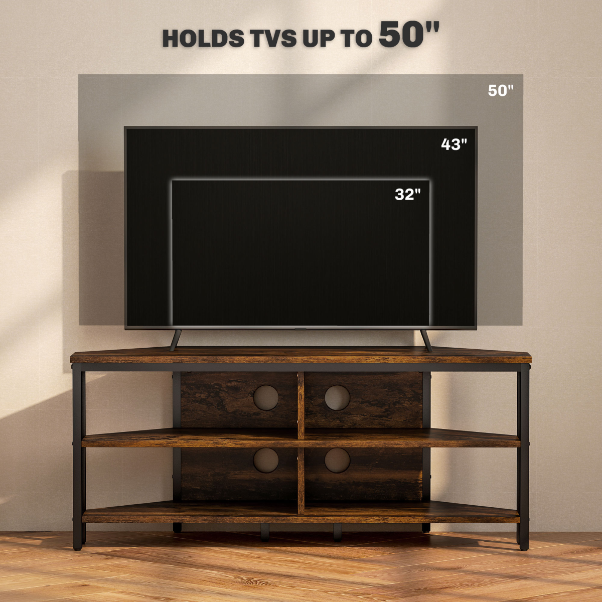 HOMCOM 50in Corner TV Stand Shelves Rustic Brown with metal frame in living room.