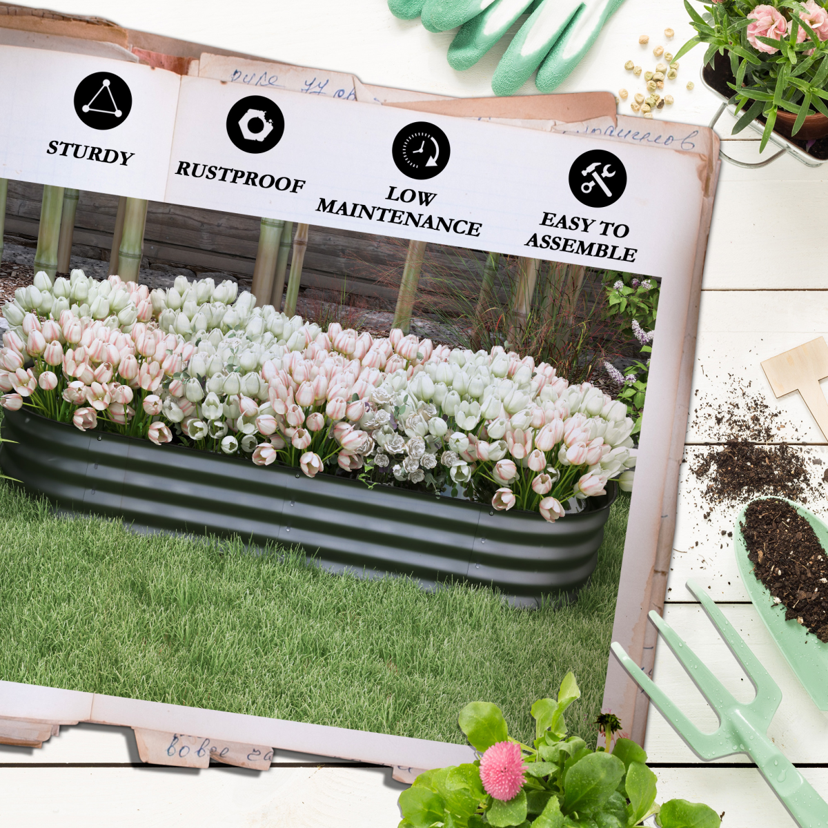 Outsunny Raised Garden Bed Planter With Safety Edging filled with pink and white tulips outdoors.