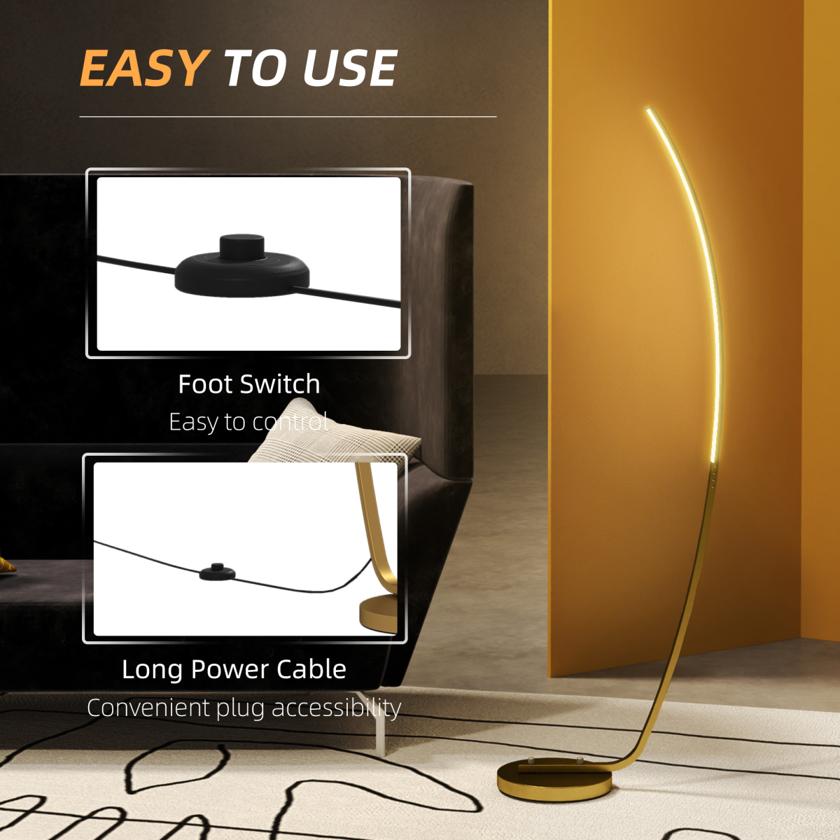 Sleek HOMCOM Floor Lamp with LED Strip in Gold Tone, featuring a foot switch for easy brightness control. Perfect for living rooms.