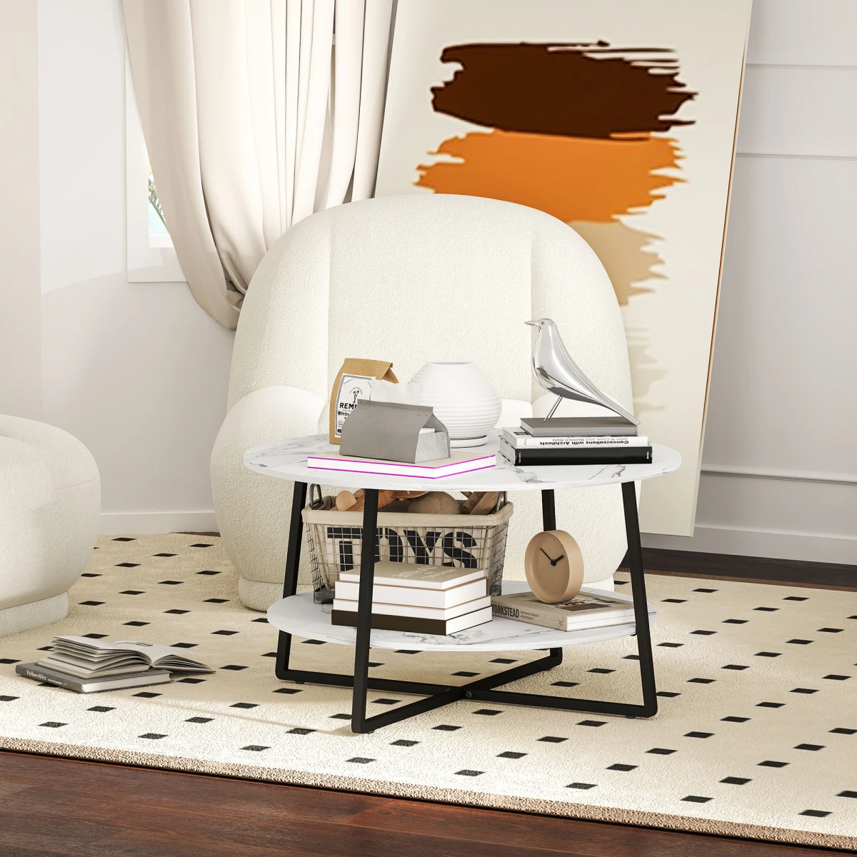 HOMCOM Round Coffee Table 90 cm Diameter Marble Effect Top Storage Shelf Two Tier Ideal for Living Rooms by HOMCOM