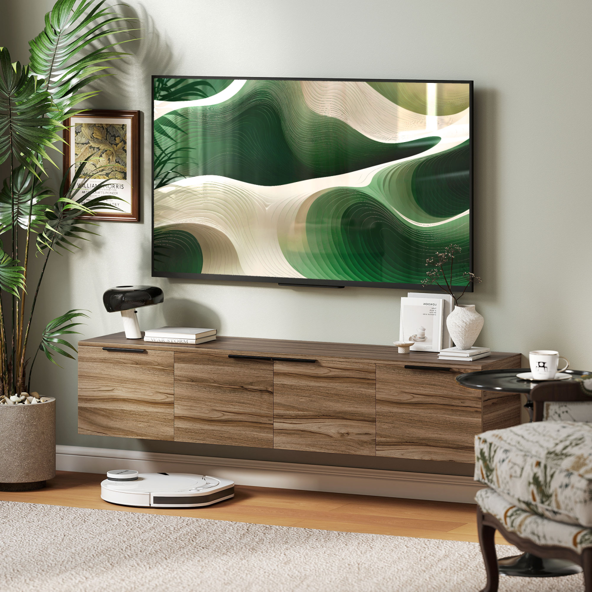 HOMCOM 65in floating TV stand in rustic brown den, wall-mounted TV with AV gear.