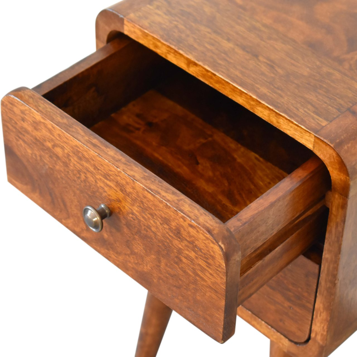 Artisan Solid Mango Wood Mini Chestnut Bedside Table With Curved Edges For Small Spaces - Artisan Furniture - Home Symphony