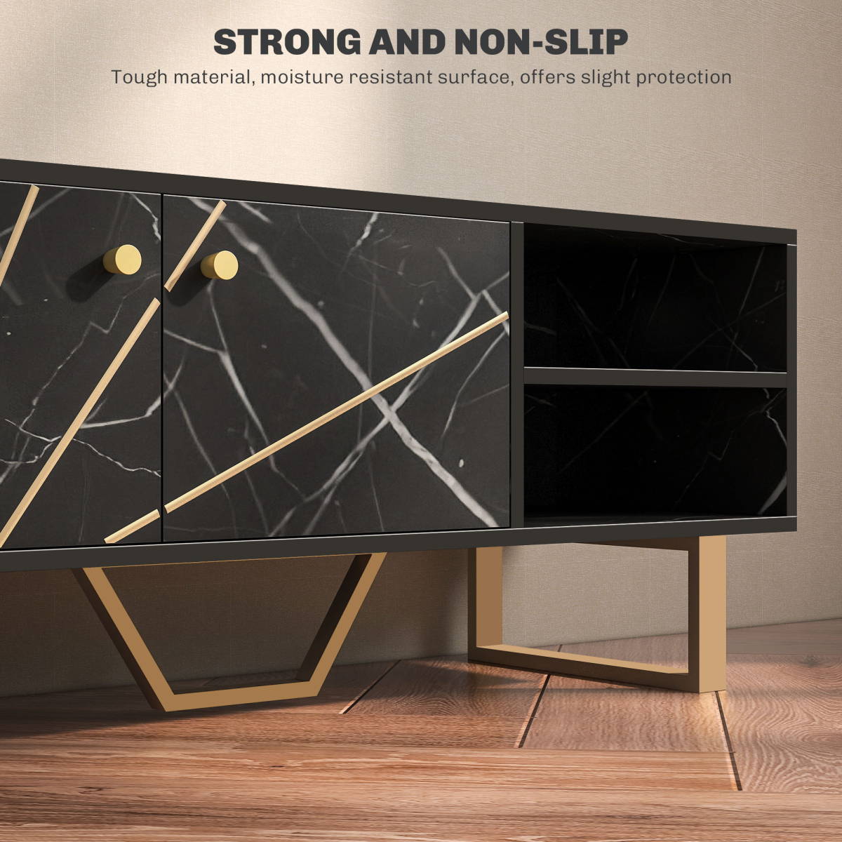 HOMCOM TV unit in black marble tone with two shelves, a cupboard, and gold legs for the living room.