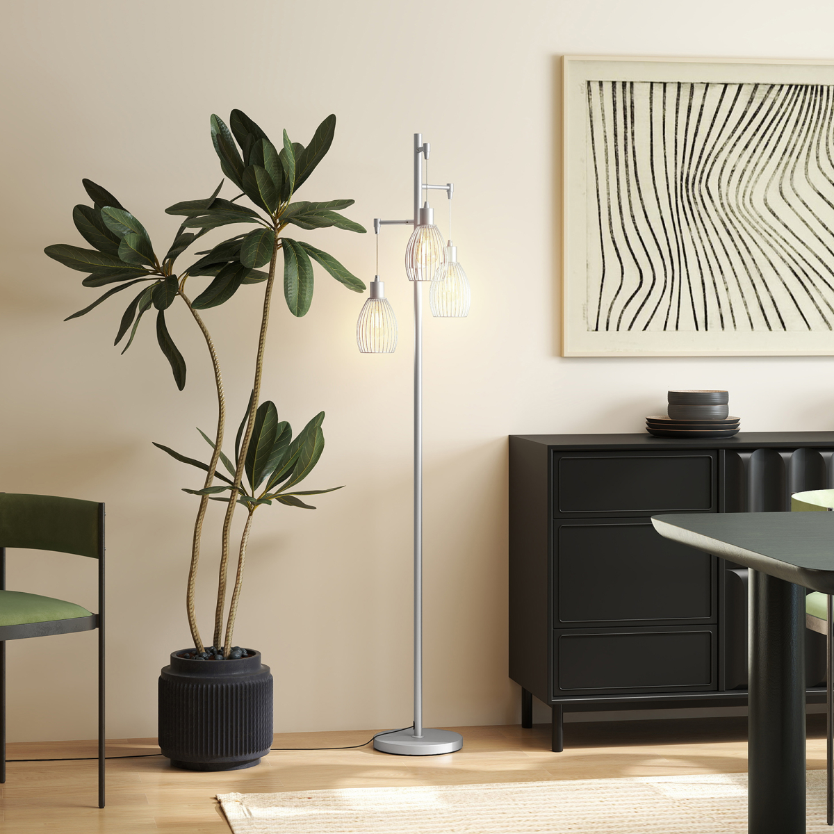 HOMCOM Industrial 3-Light Floor Lamp Dimmable Standing Lamp, Silver Tone enhances modern decor with adjustable brightness.