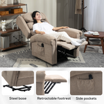 HOMCOM Lift Recliner Chair Oversized Remote for Elderly, beige fabric with built-in footrest; person relaxing in living room.