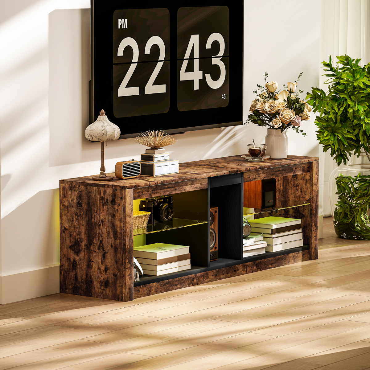 HOMCOM 140cm TV stand with top LED lights in living room, rustic wood unit with open shelves.