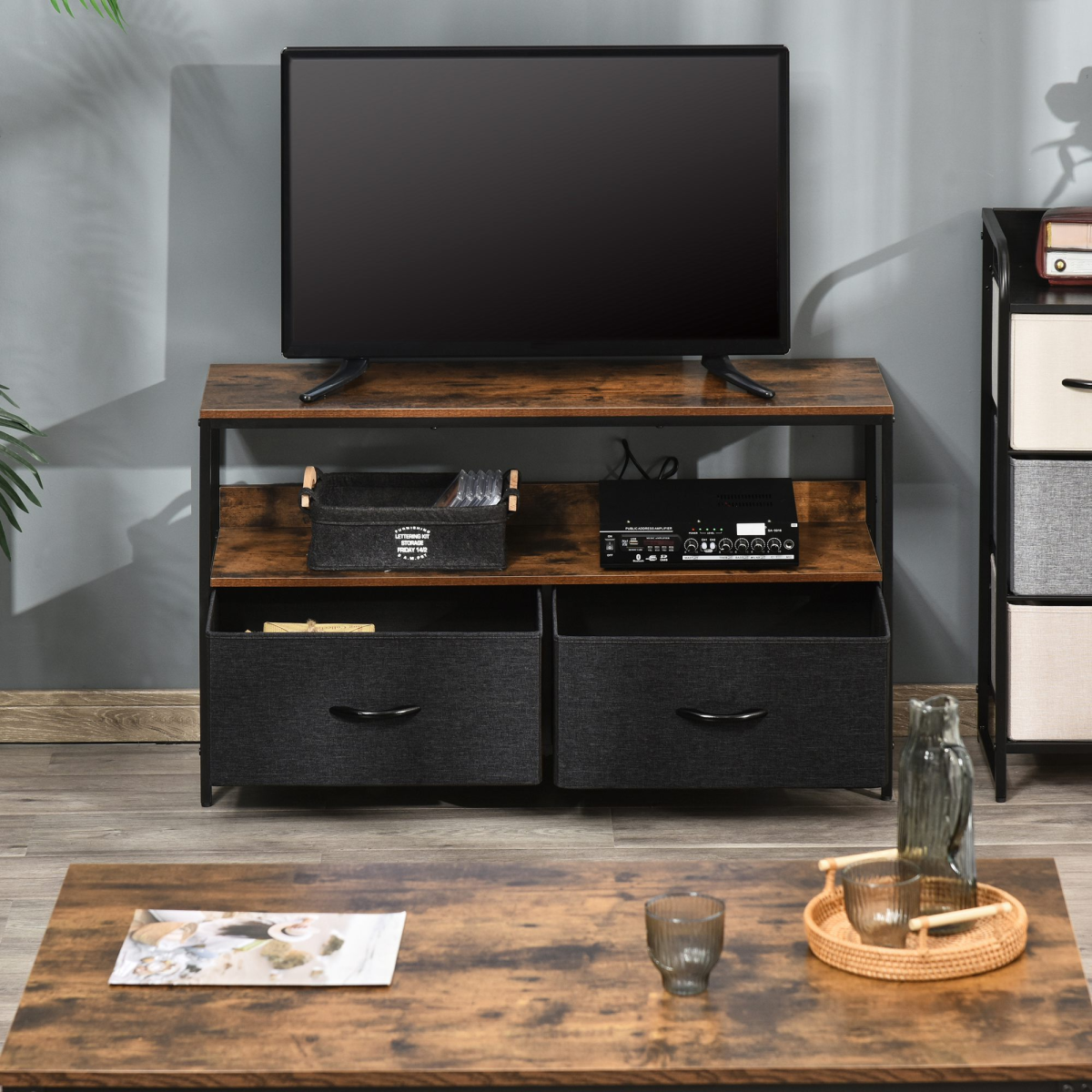 HOMCOM TV Console with wide foldable linen drawers, open shelf, wood-look top, and metal frame for living room.