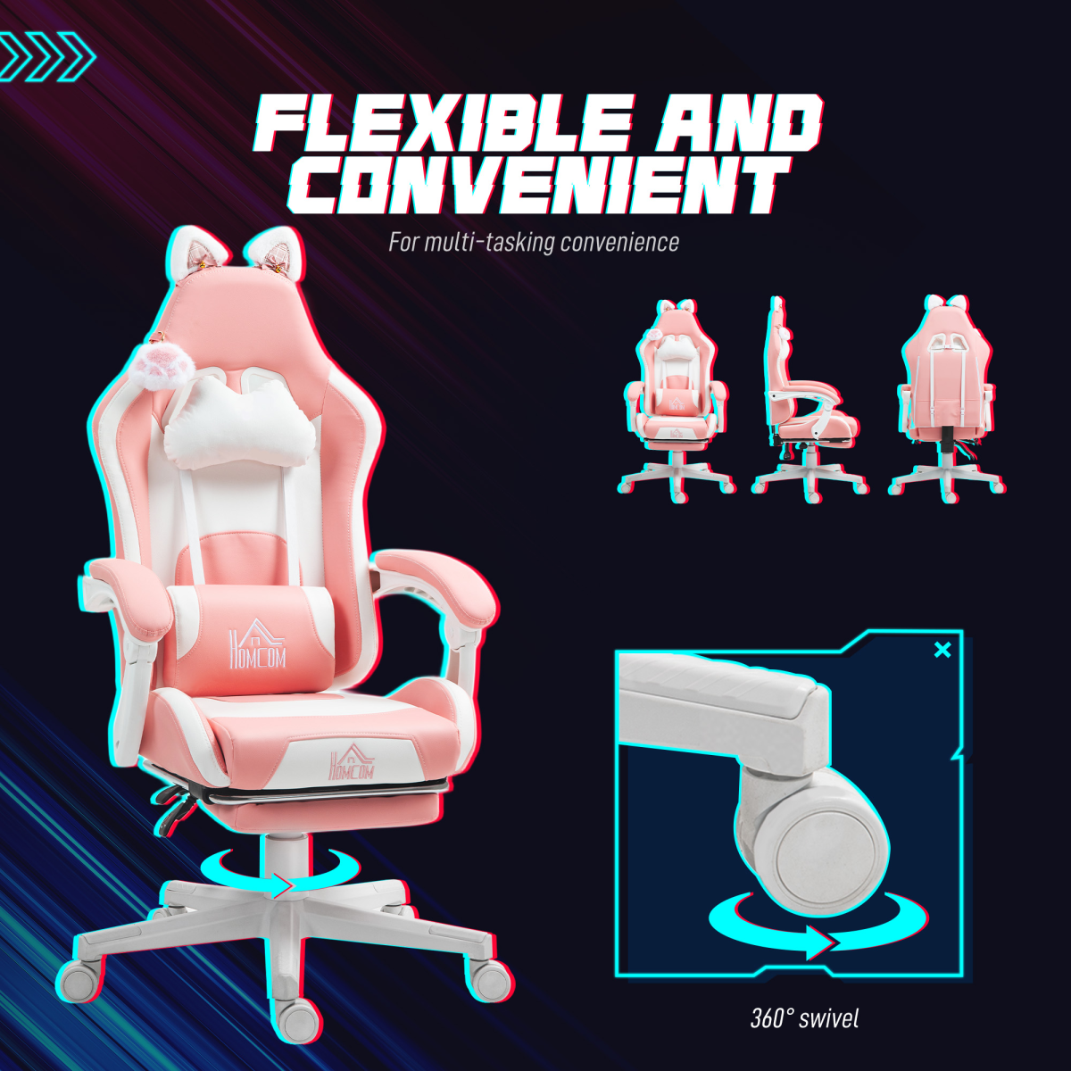 HOMCOM Pink Gaming Chair 44-52cm Recline Footrest for Gamers with cat ears, pink and white, 360° swivel.