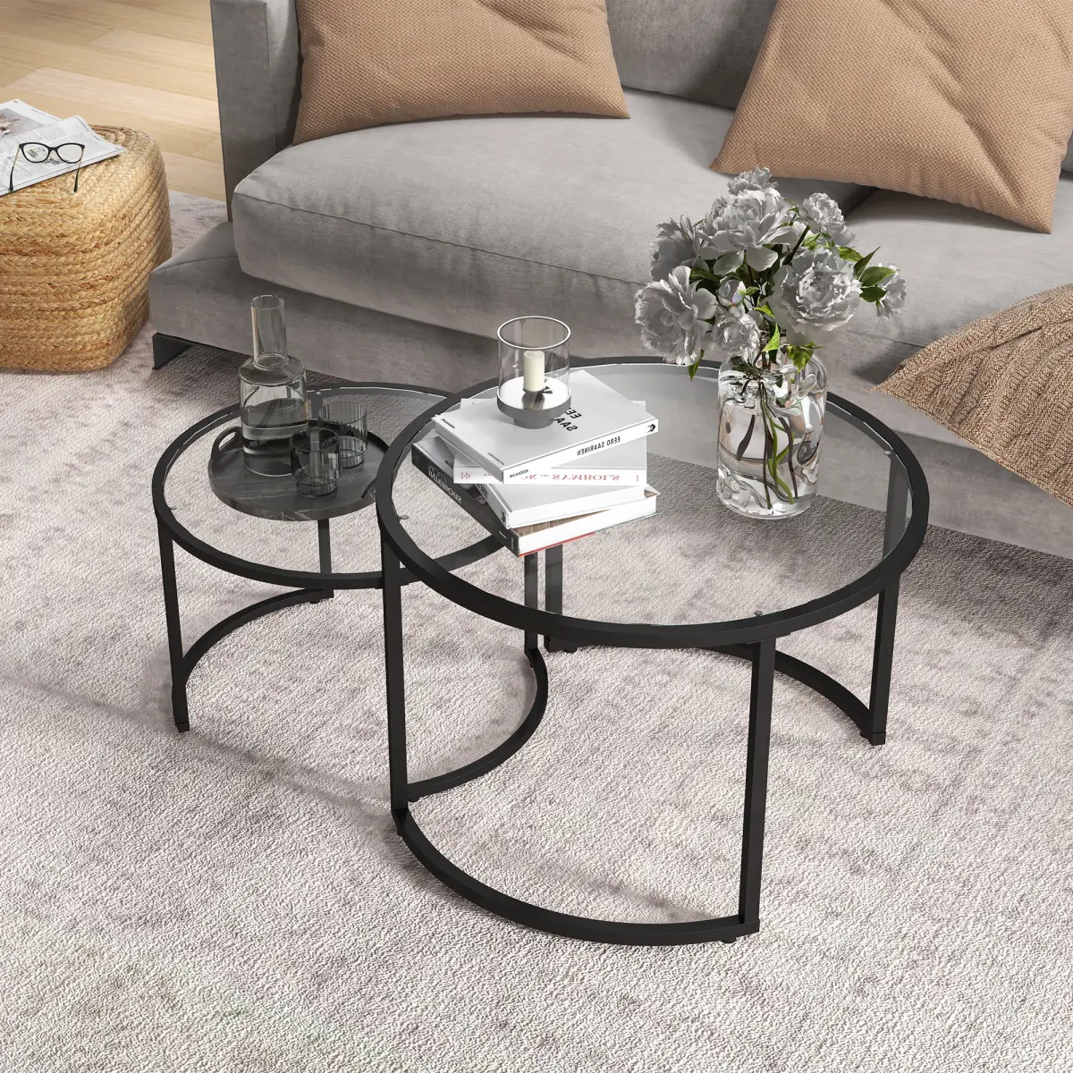 HOMCOM HOMCOM Glass Coffee Table Set of 2, Round Nest of Tables for Living Room - Coffee Table