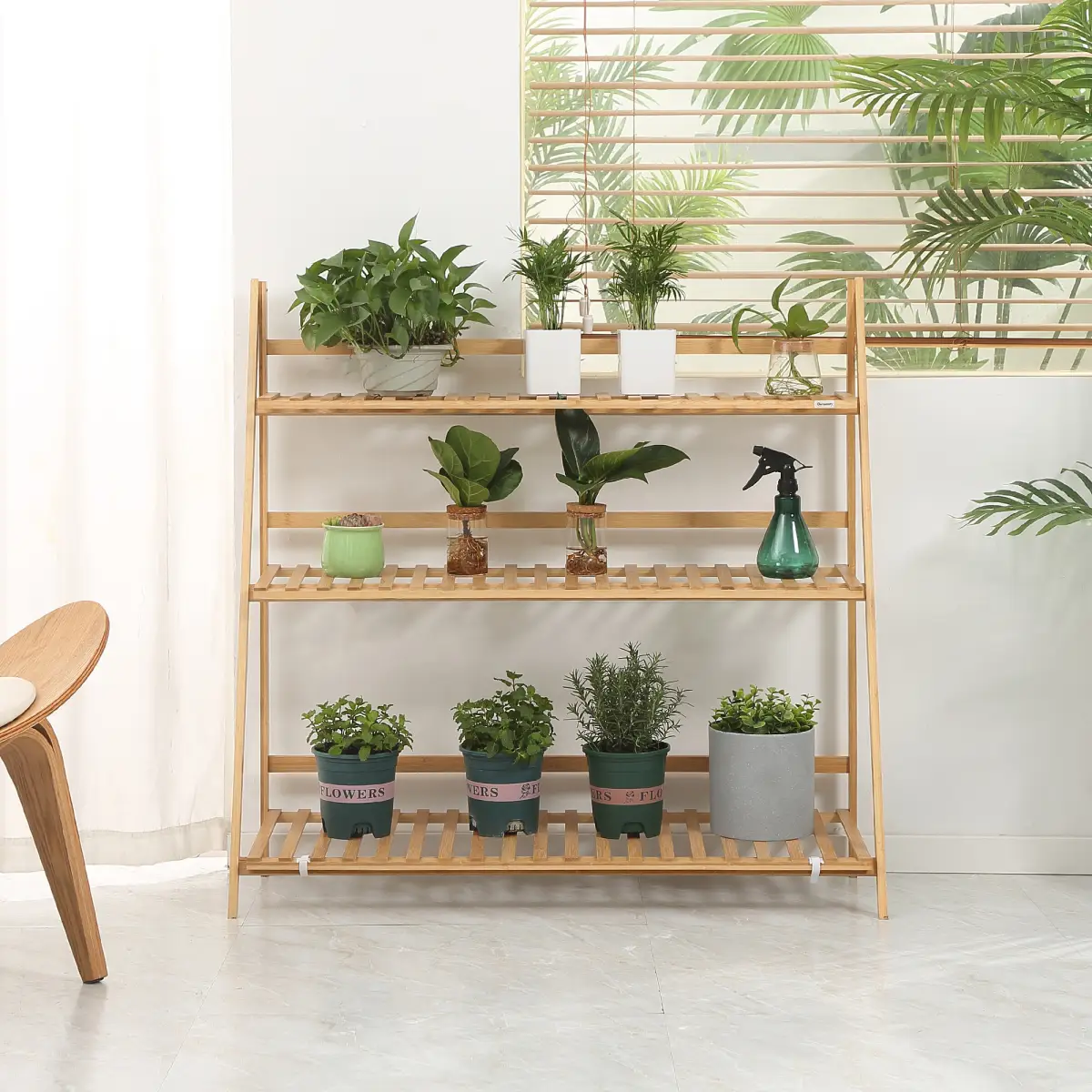 Outsunny 3-Tier Folding Bamboo Plant Stand Display Shelf Rack for Indoor & Outdoor - Wine Rack