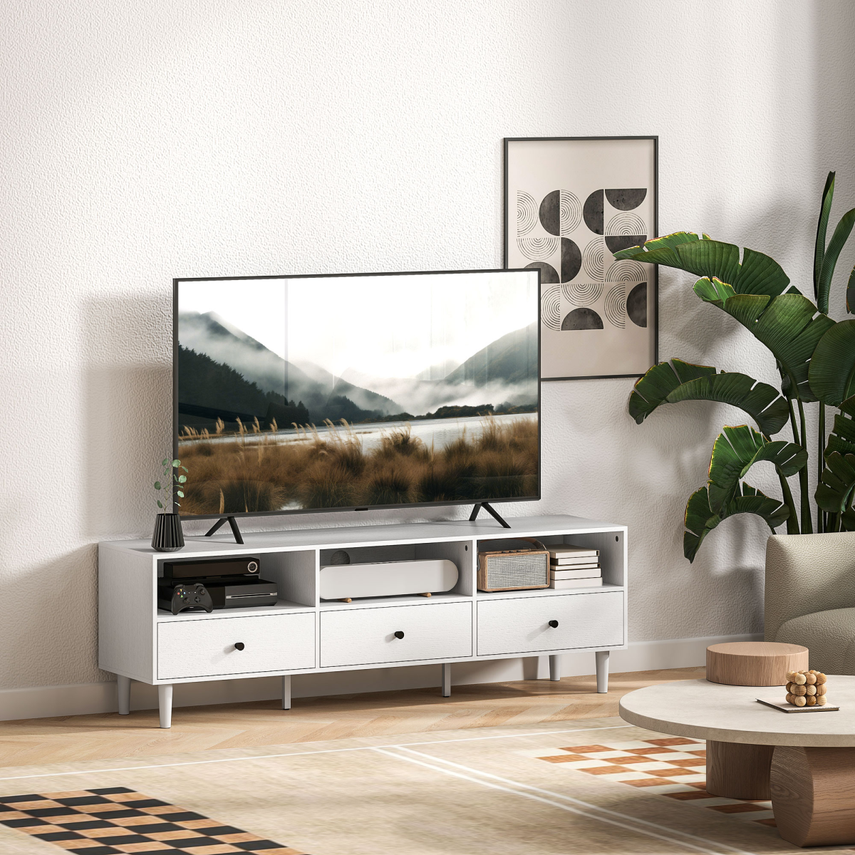 HOMCOM 75-inch TV unit with three drawers and three open shelves in white for living room entertainment.