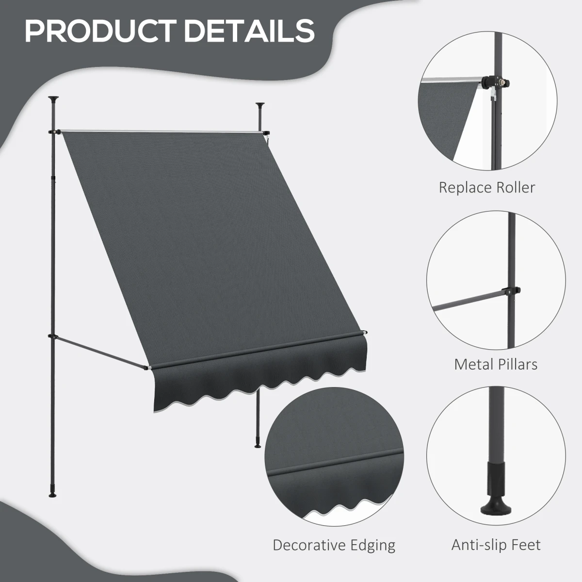Outsunny Outsunny Freestanding Retractable Awning 2m x 1.2m Canopy Manual 0 To 90 Degrees Weatherproof Garden Shade - Cover