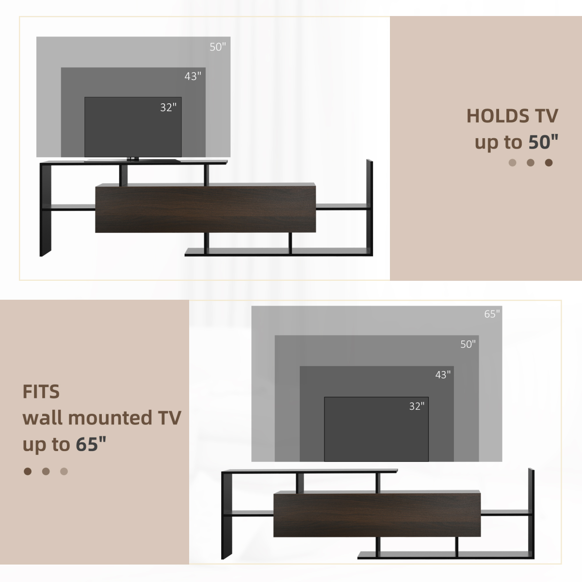HOMCOM TV cabinet with concealed flip-down storage, open side shelves, and matching wall shelf for living room.