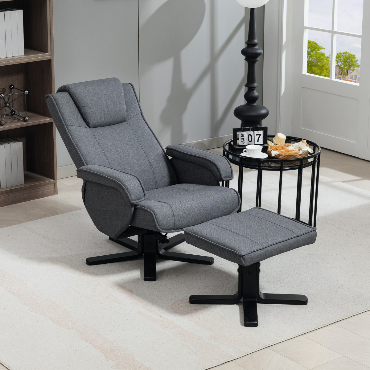 HOMCOM Rocker Recliner Standard Size Footstool For Home in charcoal linen, cozy reading nook with footstool