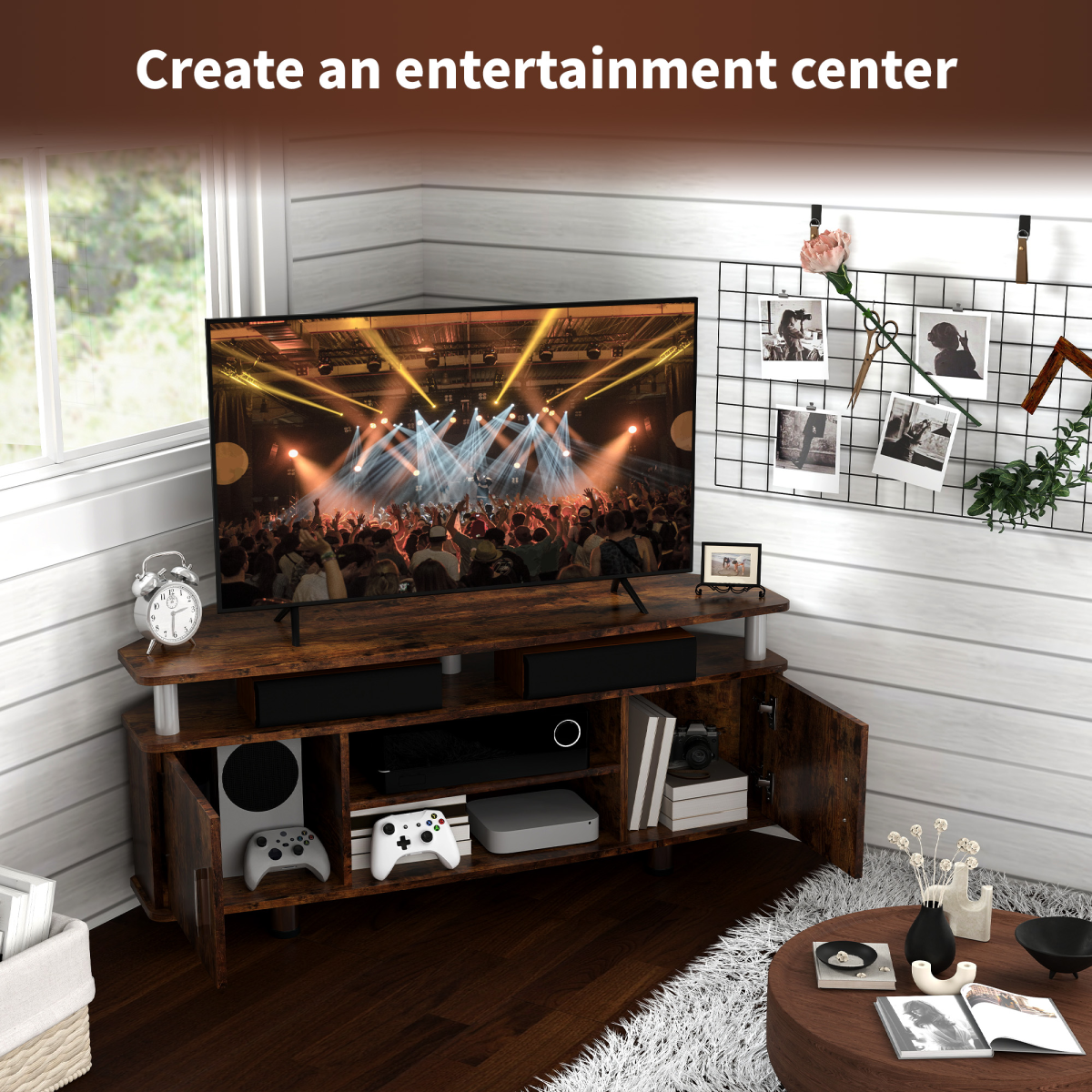 HOMCOM rustic brown 120cm TV unit with top shelf for TV, two cupboards and two middle shelves for media players.