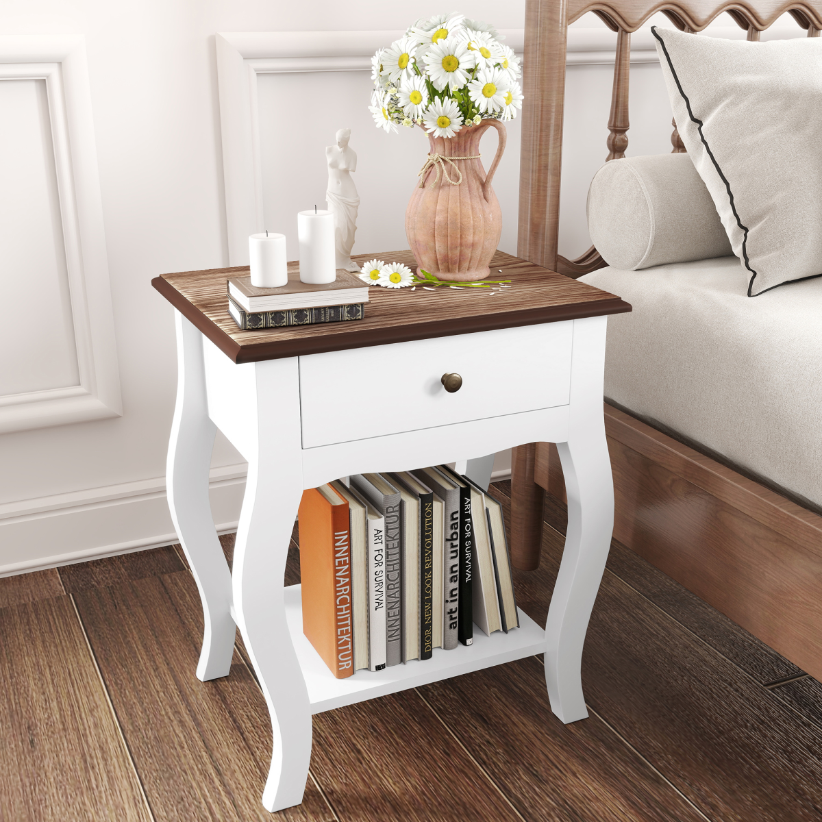 HOMCOM Bedside Tables 2 Pack Compact White Wood Top Drawer And Shelf Bedroom Storage - HOMCOM - Home Symphony