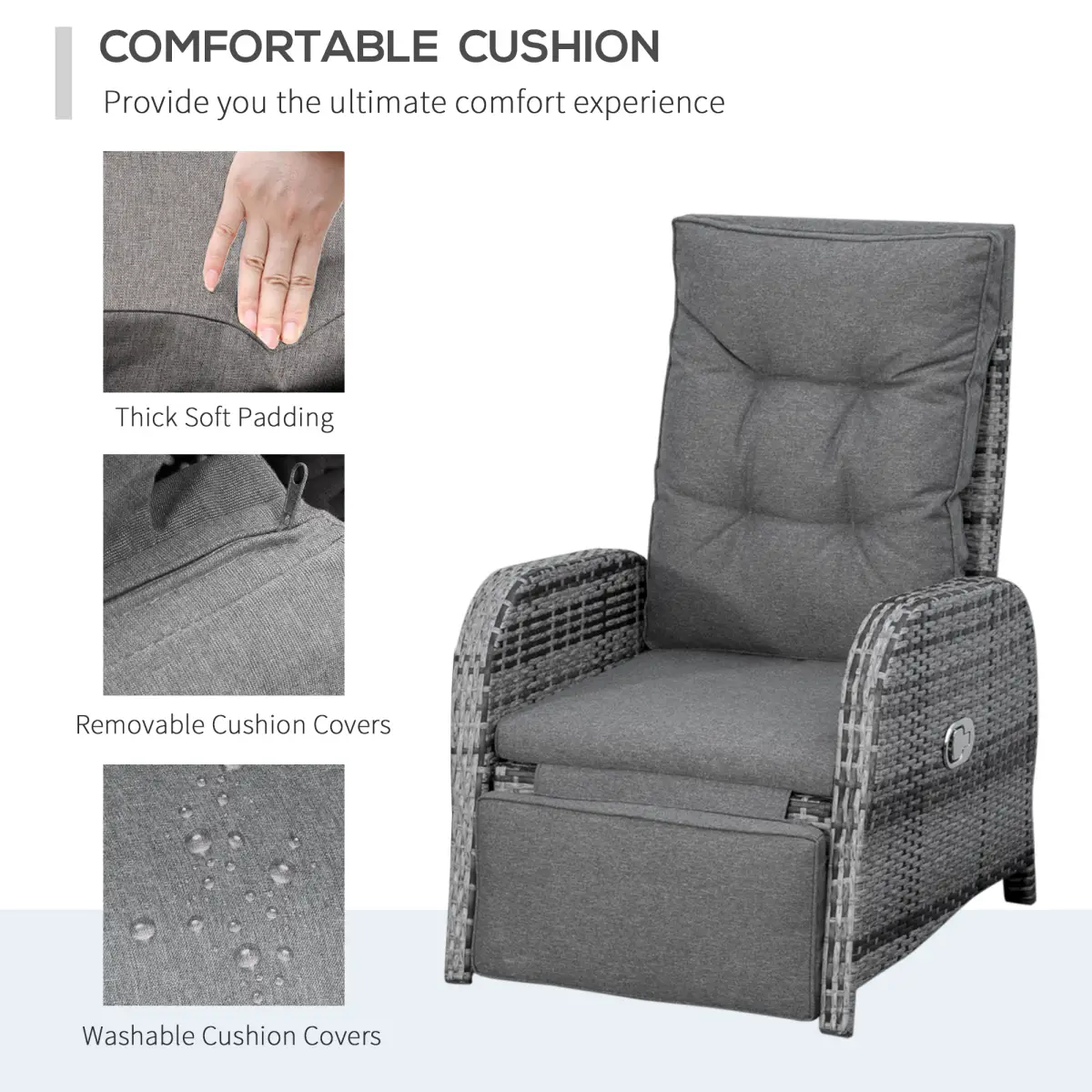 Outsunny 3 Pcs Rattan Chaise Lounge Sofa Set Bistro & Cushion Mixed Grey - Garden Sofa Sets
