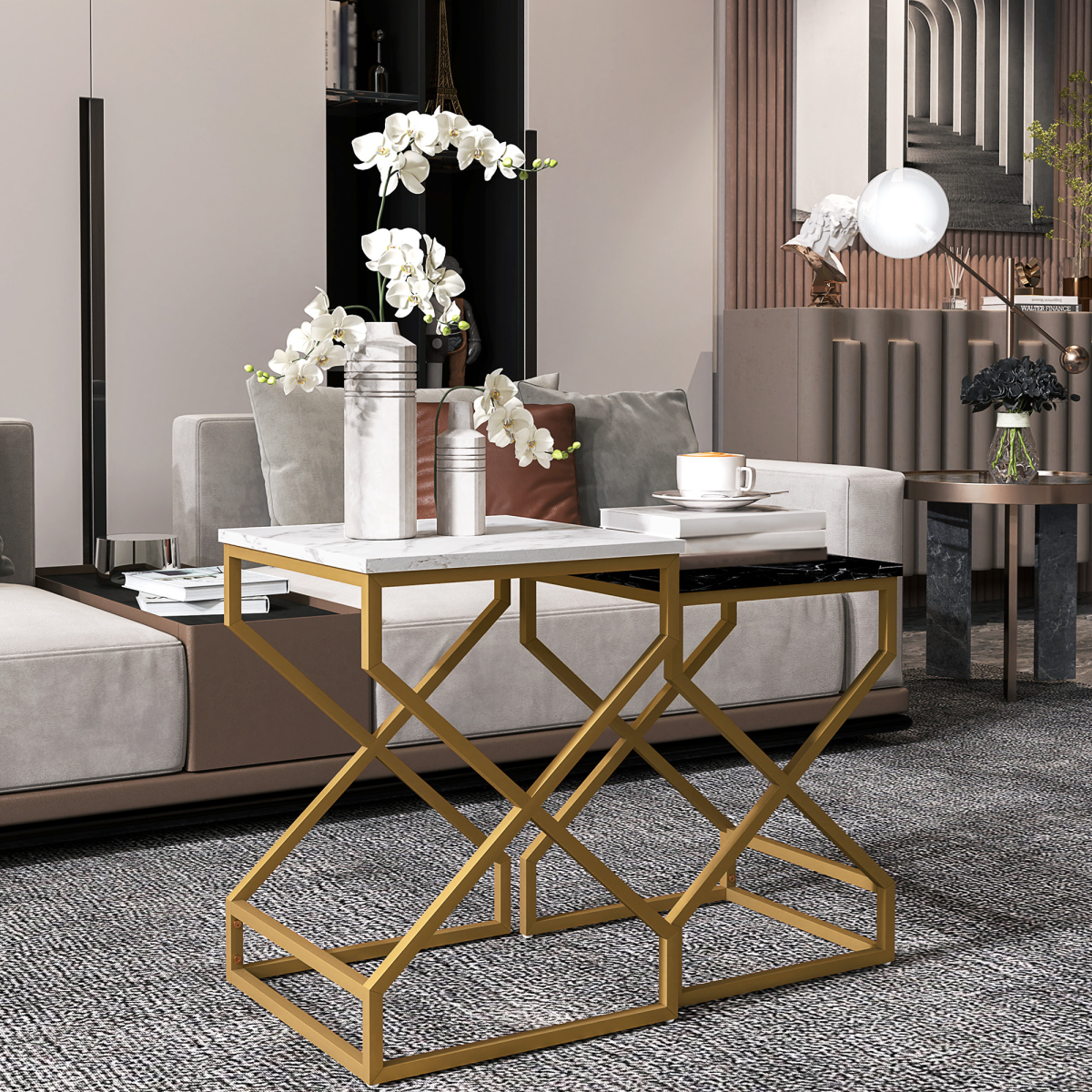 HOMCOM Nest Of Tables Two Piece Set Marble Effect Tops Gold Tone Steel Frame For Living Room - HOMCOM - Home Symphony