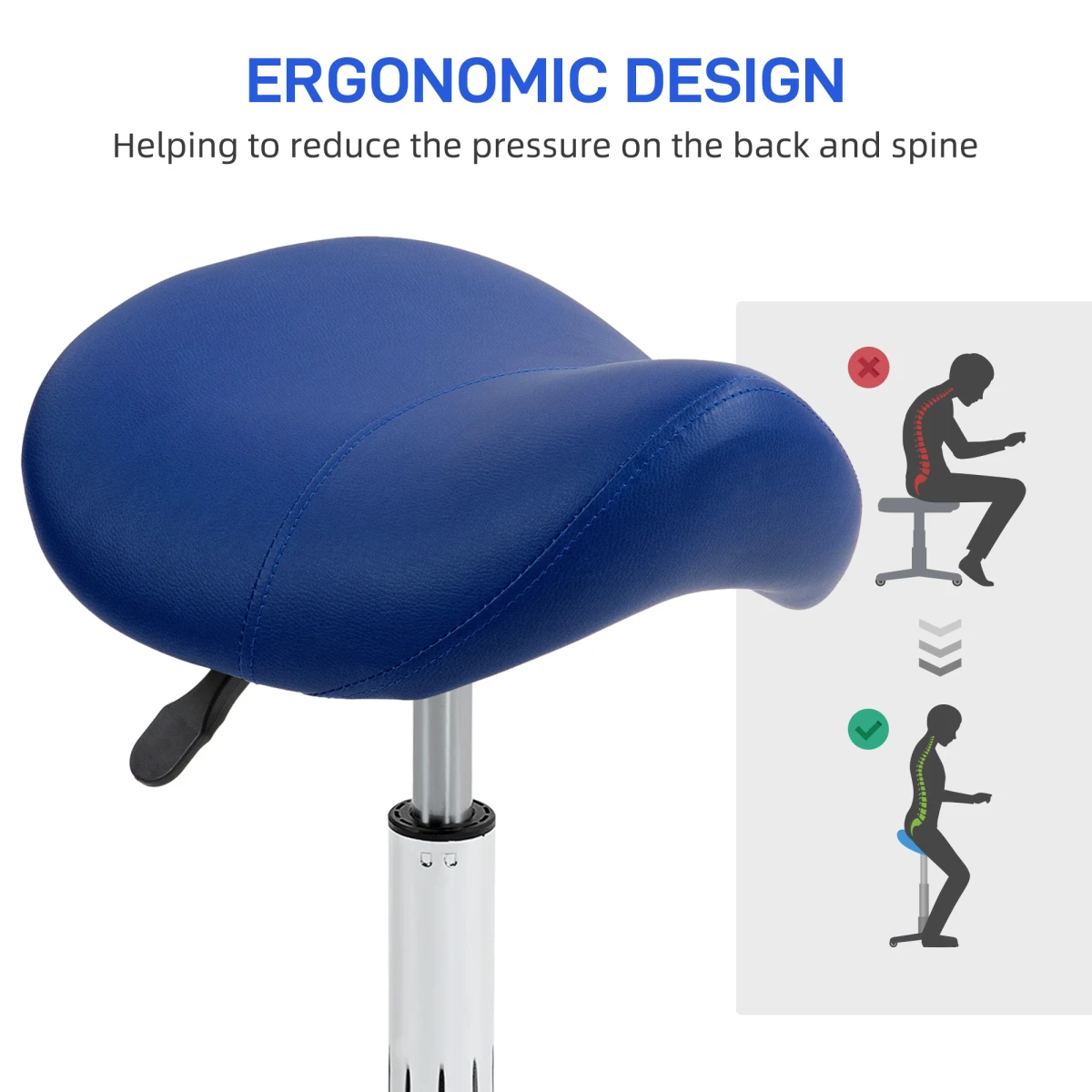HOMCOM Saddle Stool 49-61cm Blue PU Leather 5-Wheel Base for Salons and Home Beauty by HOMCOM