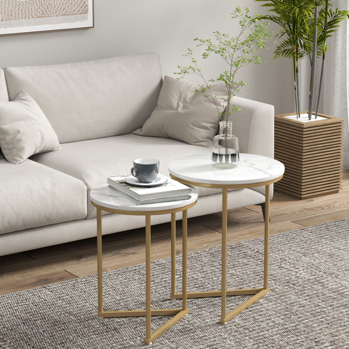 HOMCOM Nesting Coffee Tables Set of 2 With Marble Look Tops and Gold Frames for Modern Living Room - HOMCOM - Home Symphony