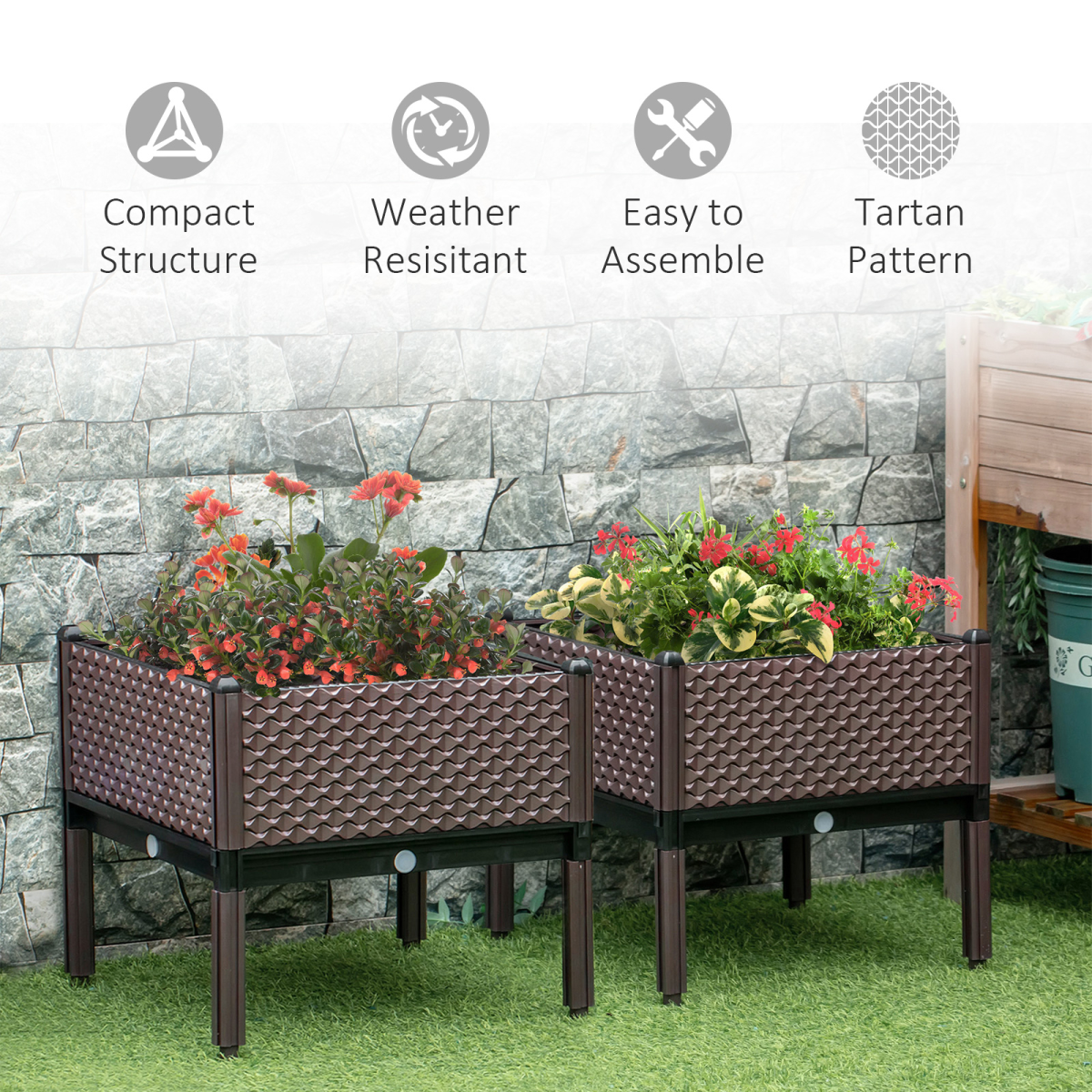 Outsunny brown raised garden bed set of 2 for balcony gardening, two elevated planters on legs with flowers.