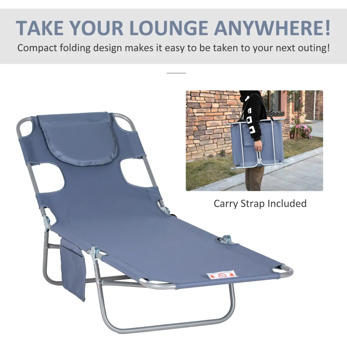 Outsunny Outsunny Beach Chaise Lounge Portable Adjustable Backrest with Face Cavity Grey - Sun Lounger