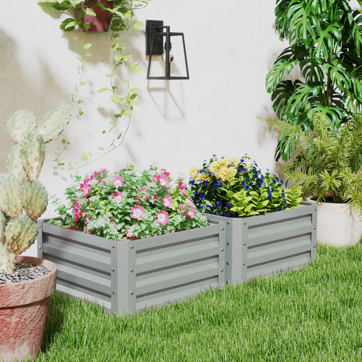 Outsunny two-pack galvanised steel raised garden beds on a patio, filled with colorful flowers.
