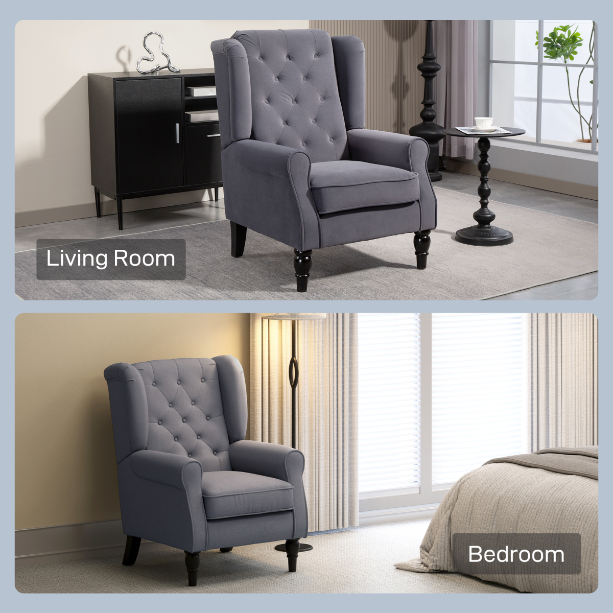 Charcoal velvet HOMCOM Accent Armchair with tufted high-back and turned wooden legs in living room and bedroom scenes.