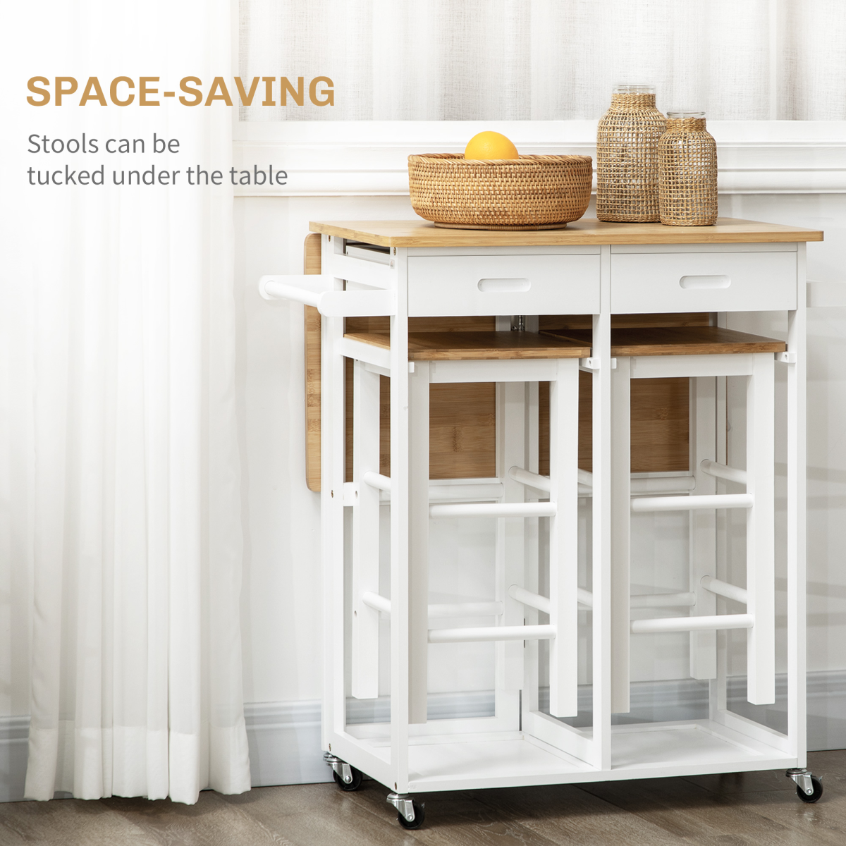 HOMCOM Bamboo Breakfast Cart Drop Leaf Table Stools - HOMCOM - Home Symphony