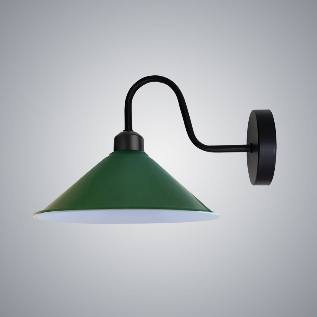 Eco Wall Light Fixture E27 Cone Shade Swan Neck For Home with green conical shade and curved swan neck arm.